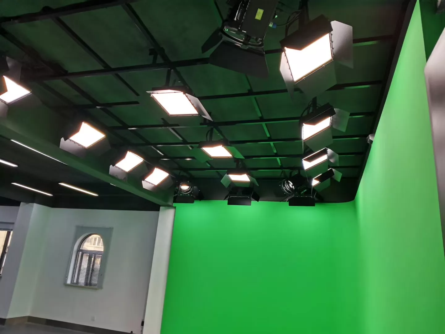 virtual chroma key  green color backdrop ground studio with lighting